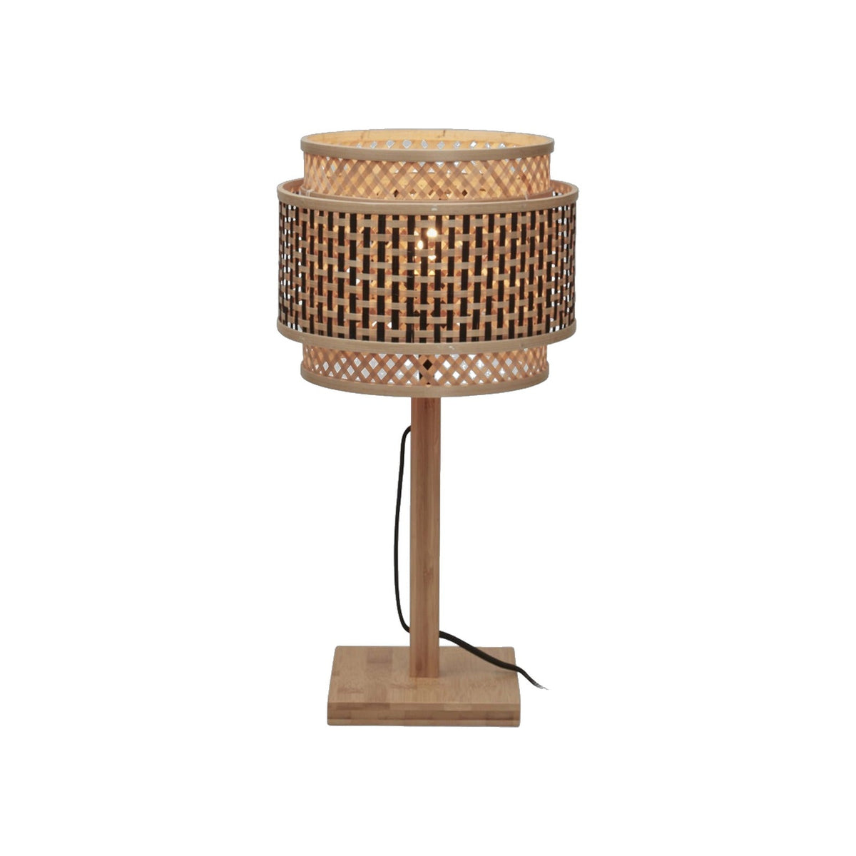 Lampe à poser Bhutan bambou naturel allumée avec son double abat-jour tressé en deux tons
