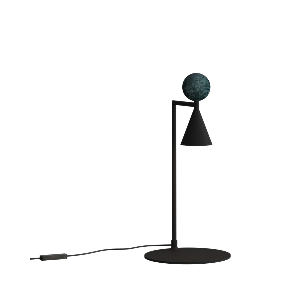 Lampe à poser Bingo sphère en malachite verte sur cône noir avec pied en équerre et variateur sur le cordon