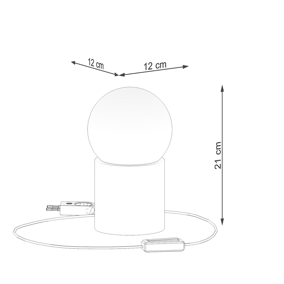 Schéma coté lampe à poser Boomo hauteur 21 cm largeur 12 cm profondeur 12 cm et interrupteur sur le cordon