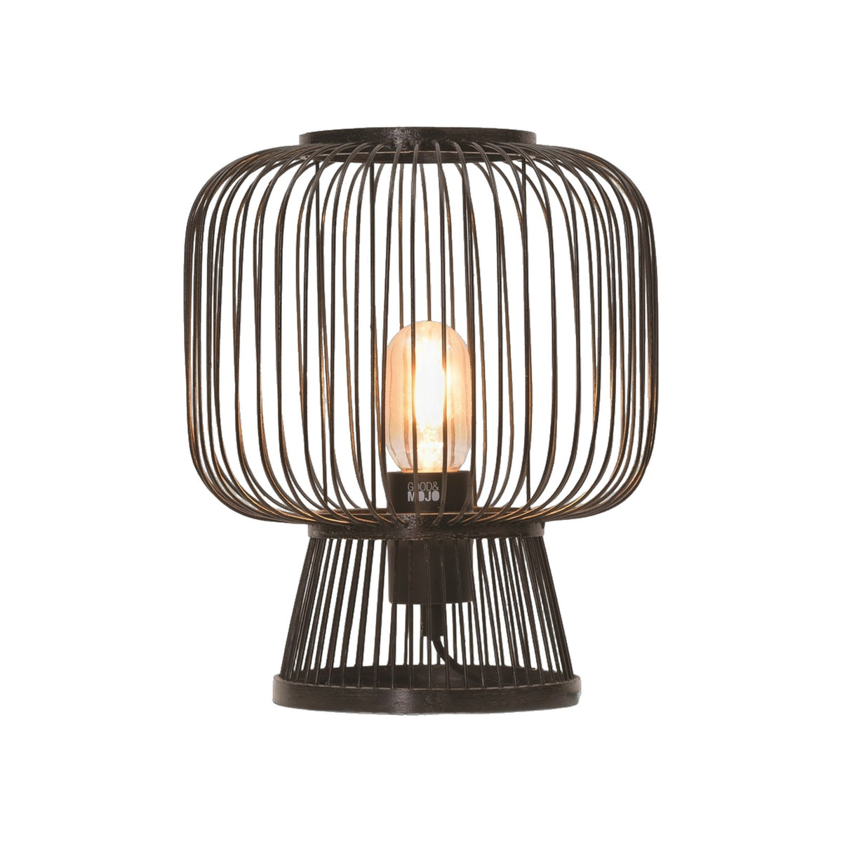 Lampe à poser Cango en baguettes de bambou noir allumée sur fond blanc