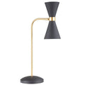 Lampe à poser Cornet abat-jour diabolo noir mat bague dorée tige dorée courbée et base ronde noire