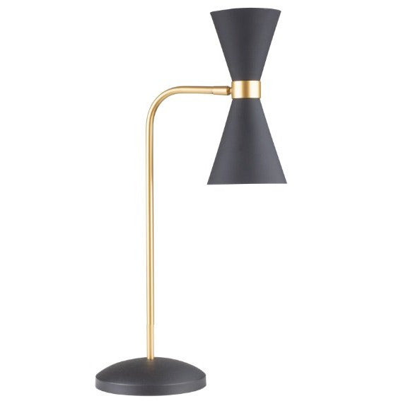 Lampe à poser Cornet abat-jour diabolo noir mat bague dorée tige dorée courbée et base ronde noire