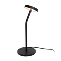 Lampe à poser Ibiza en métal noir allumée avec sa tête ronde inclinée vers le bas