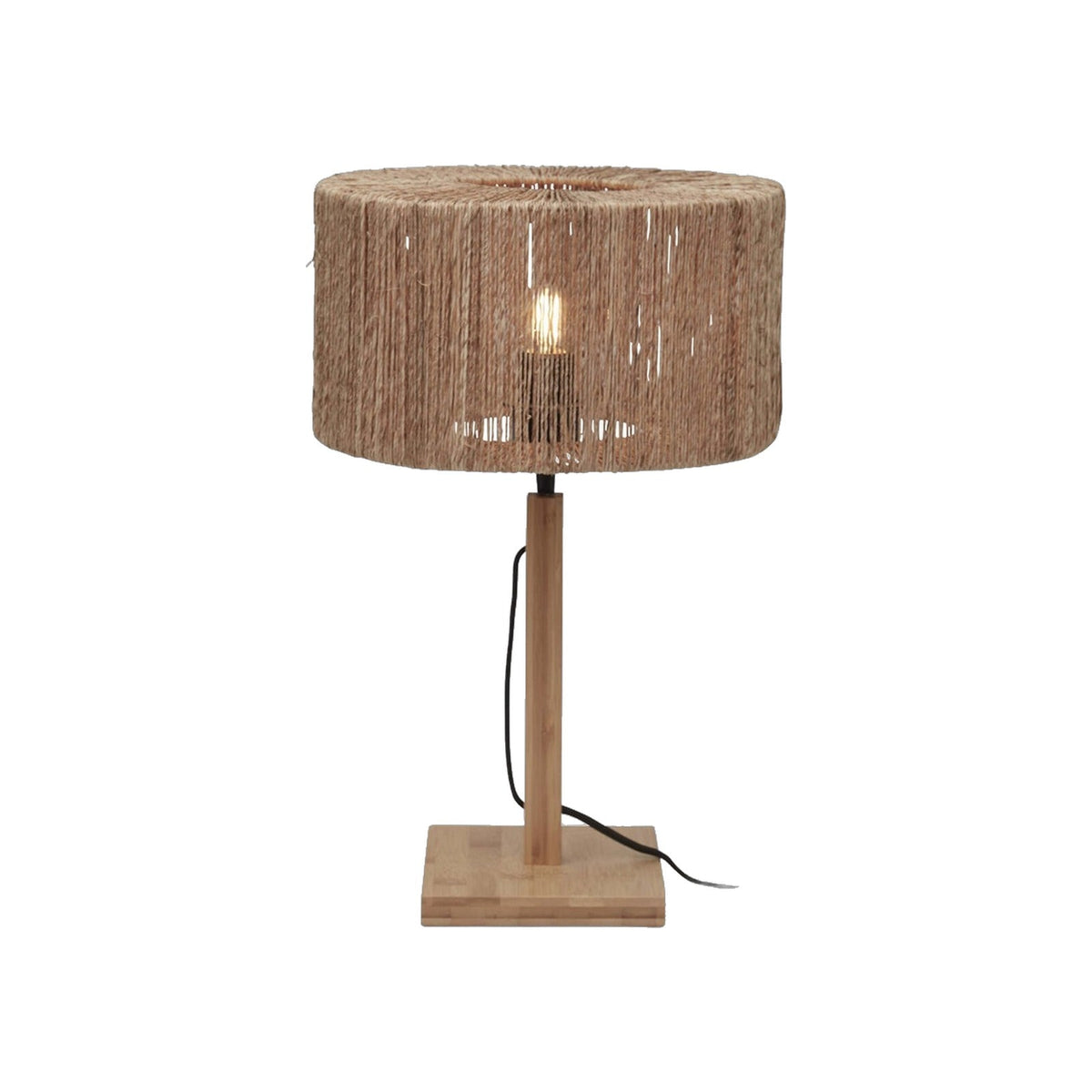 Lampe à poser Iguazu jute naturel allumée abat-jour tambour en jute enroulé sur pied droit et socle carré en bambou