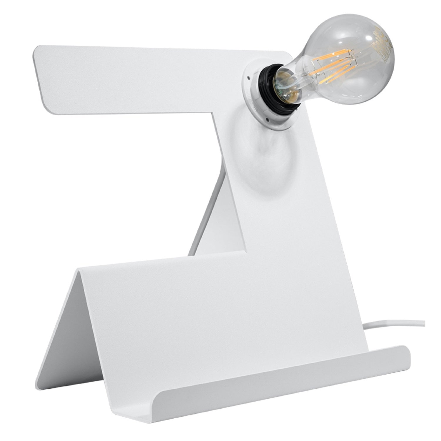 Lampe à poser Incline en acier blanc, tôle pliée et ampoule apparente, vue de face