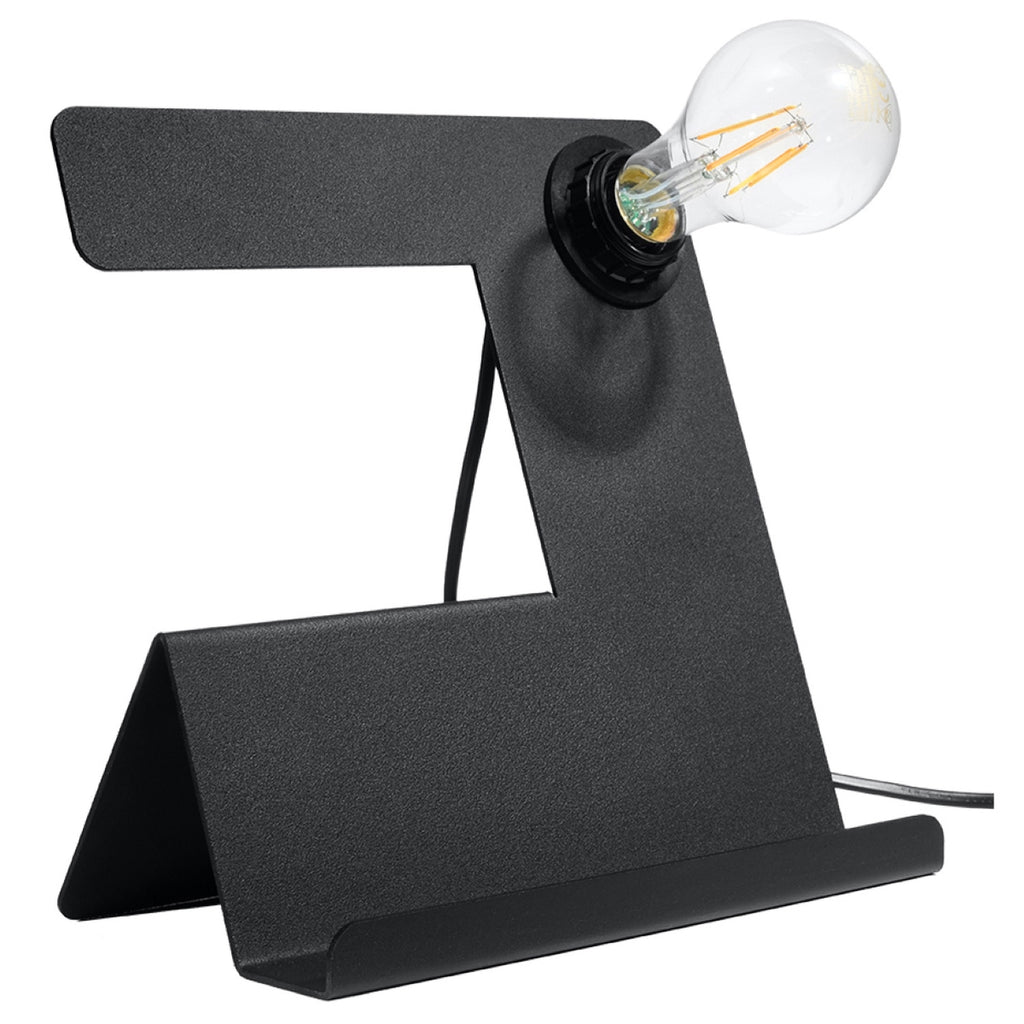 Lampe à poser Incline en acier noir, tôle pliée et ampoule apparente, vue de face