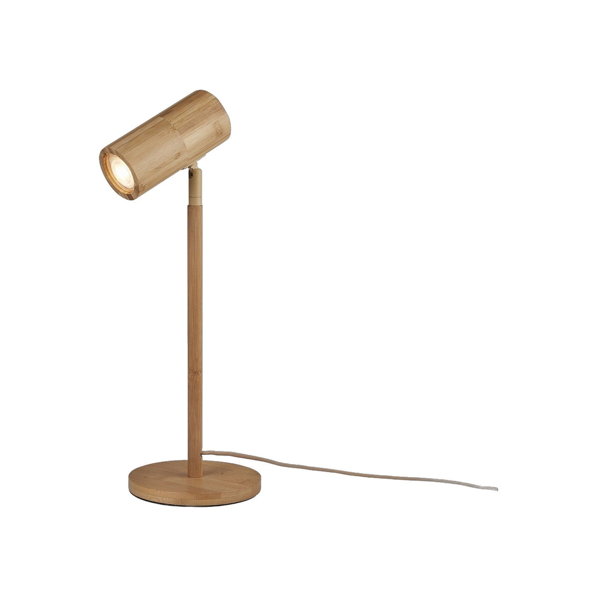 Lampe à poser Java bambou naturel avec sa tête spot allumée sur un pied fin et une base ronde