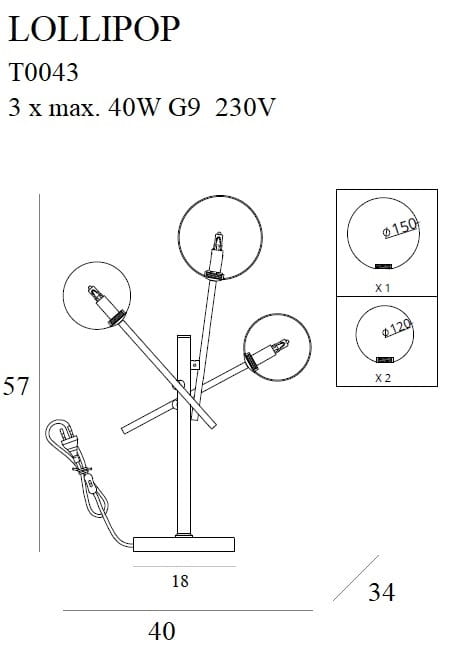 Dimensions Lampe à poser Lollipop laiton G9