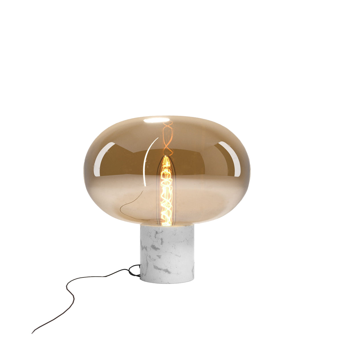 Lampe à poser Moonstone verre ambré et marbre blanc détourée allumée globe ovale sur socle cylindrique