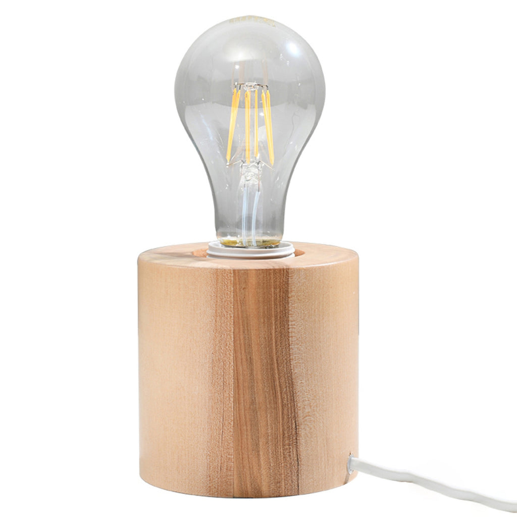 Lampe à poser Salgado en bois naturel, cylindre massif à ampoule apparente, vue de face