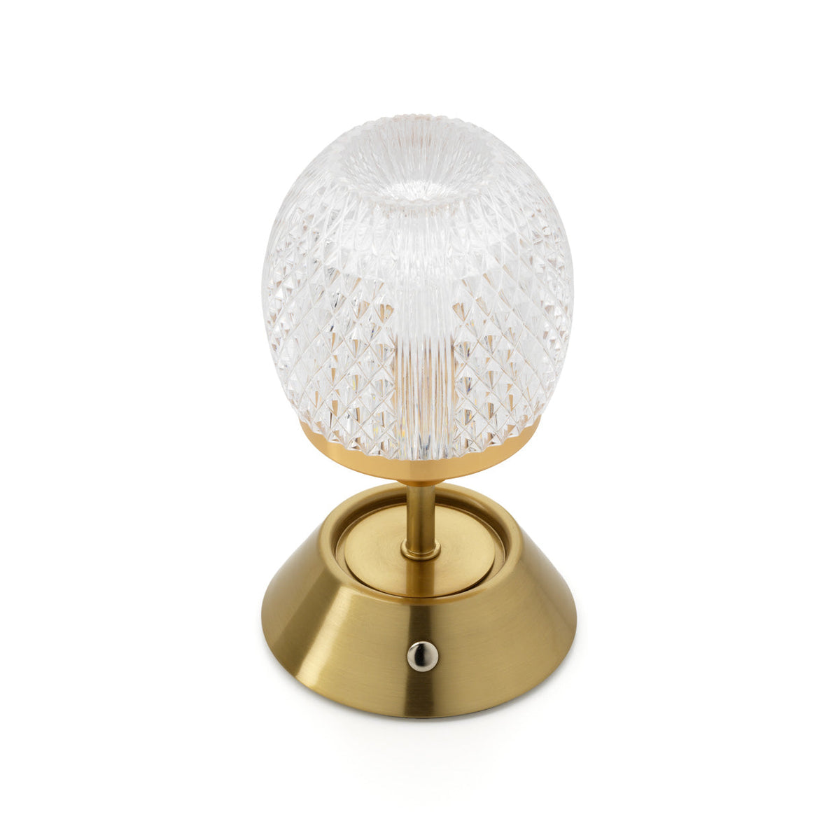 Lampe Glow Sinatra vue en plongée globe taillé et socle conique doré avec son bouton