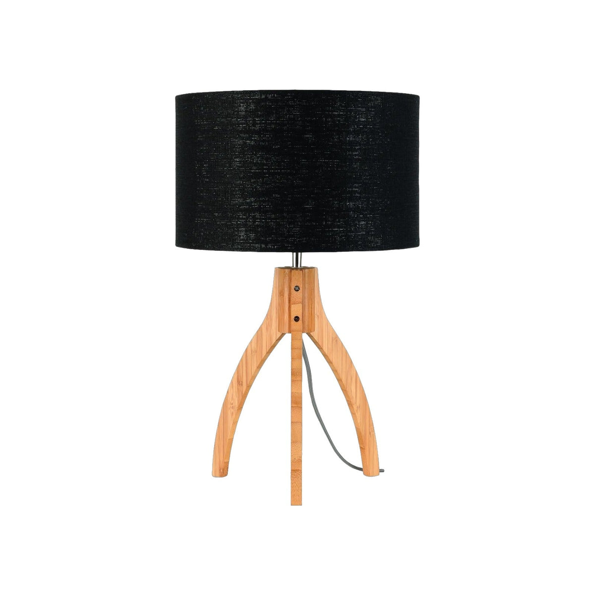 Lampe à poser Annapurna lin noir détourée trépied en bambou et abat-jour cylindrique