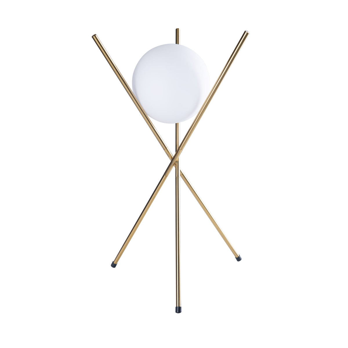 Lampe à poser Xena en trépied de tiges finition laiton croisées avec son globe de verre opale