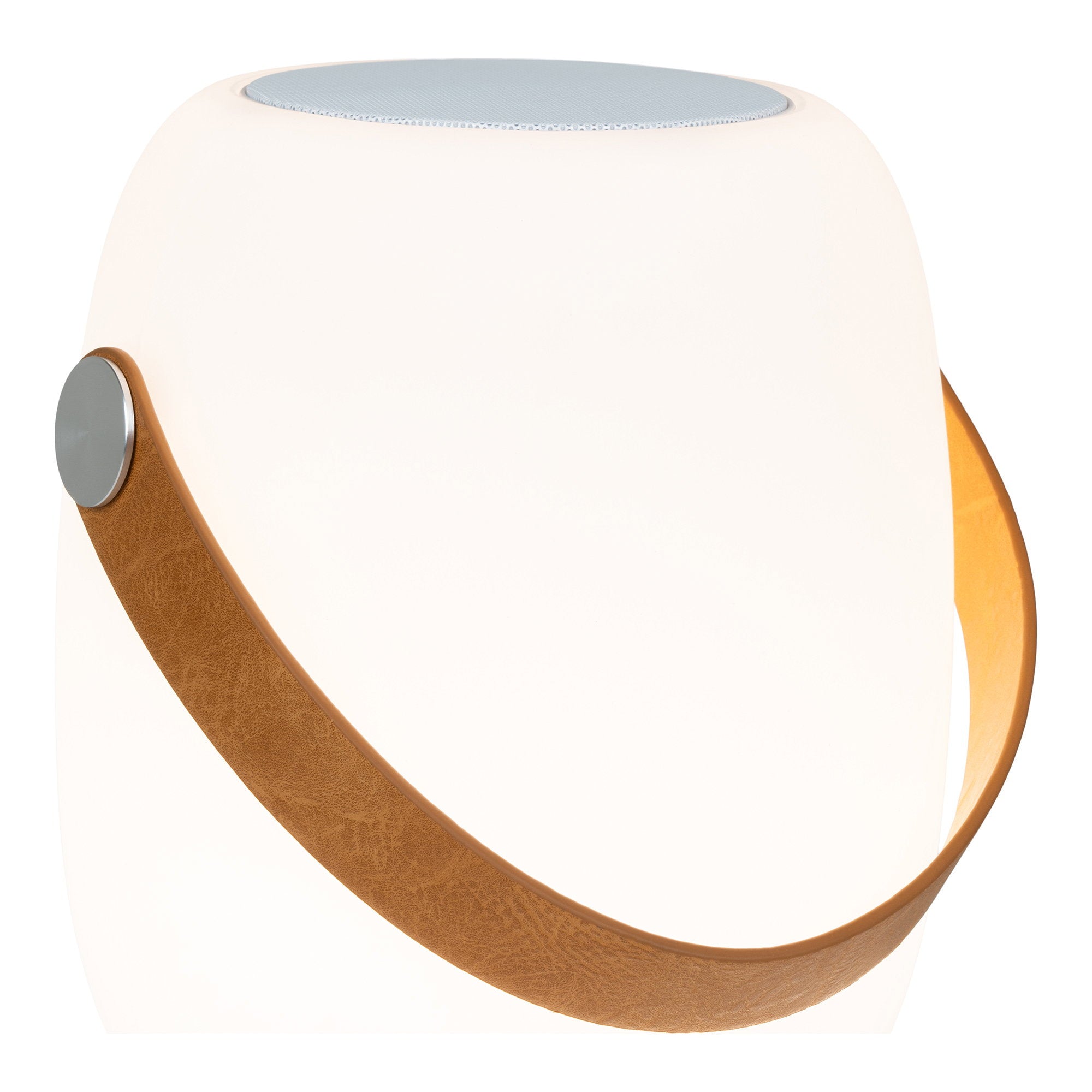 Lampe Cardiff blanche allumée lumière chaude opalin anse cuir camel Bluetooth fond blanc