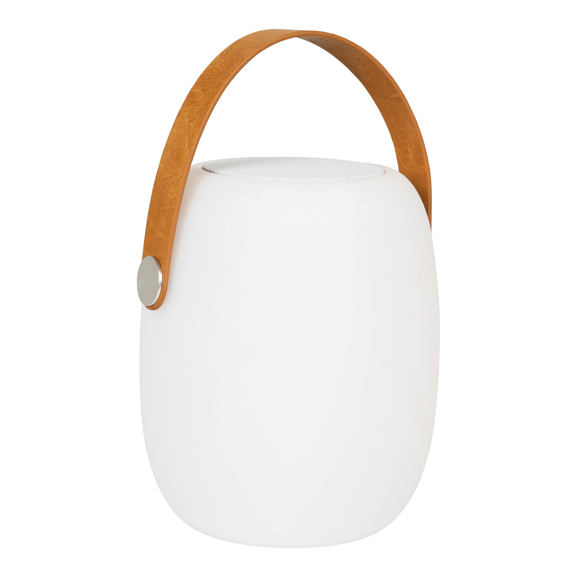 Lampe LED Cardiff blanche anse cuir camel dressée vue de face forme ovoïde fond blanc
