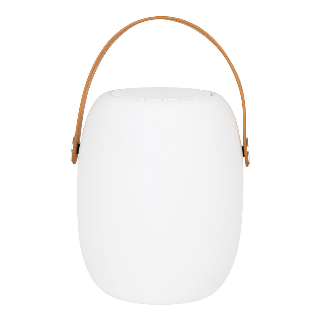 Lampe rechargeable Cardiff blanche anse verticale cuir haut-parleur intégré fond blanc