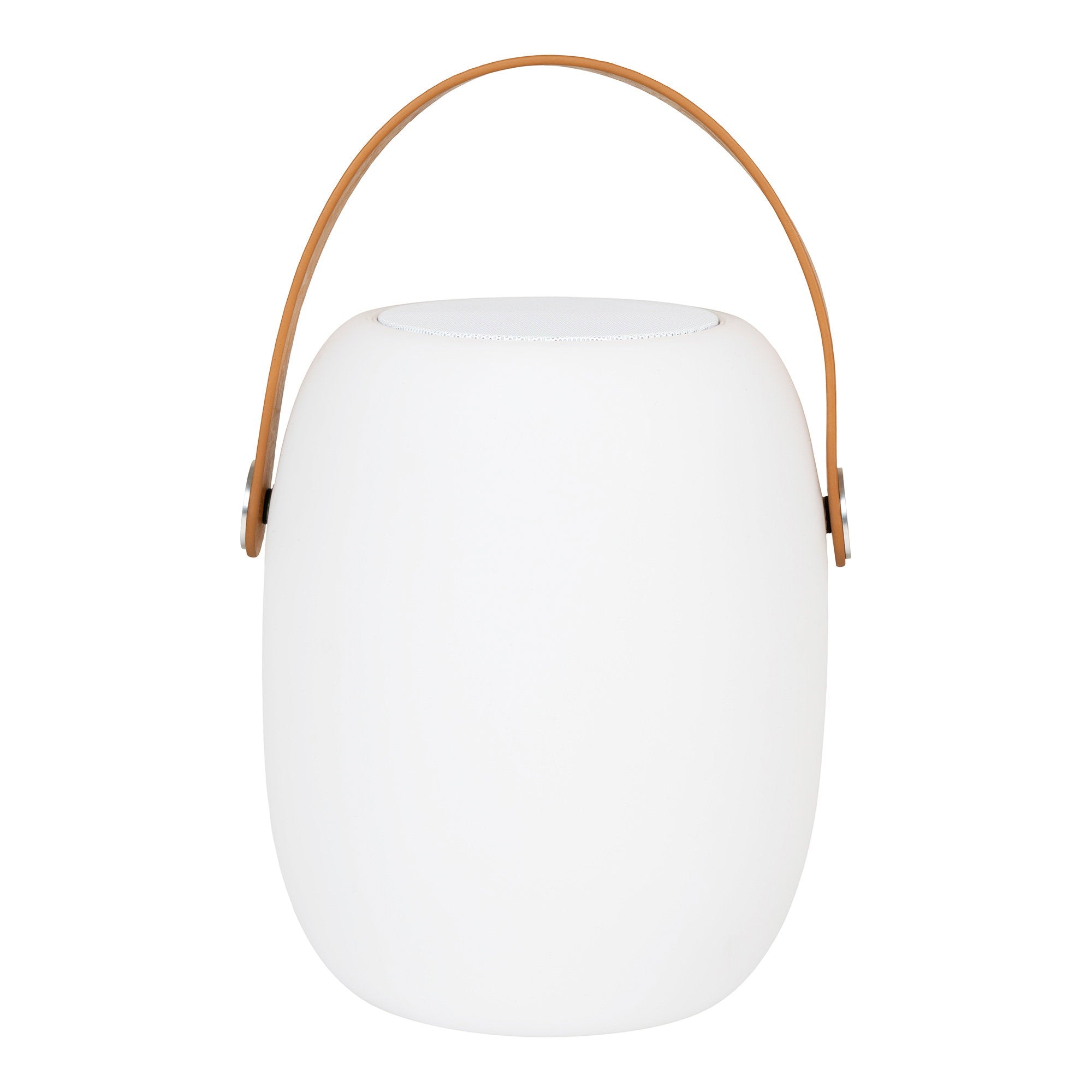 Lampe rechargeable Cardiff blanche anse verticale cuir haut-parleur intégré fond blanc