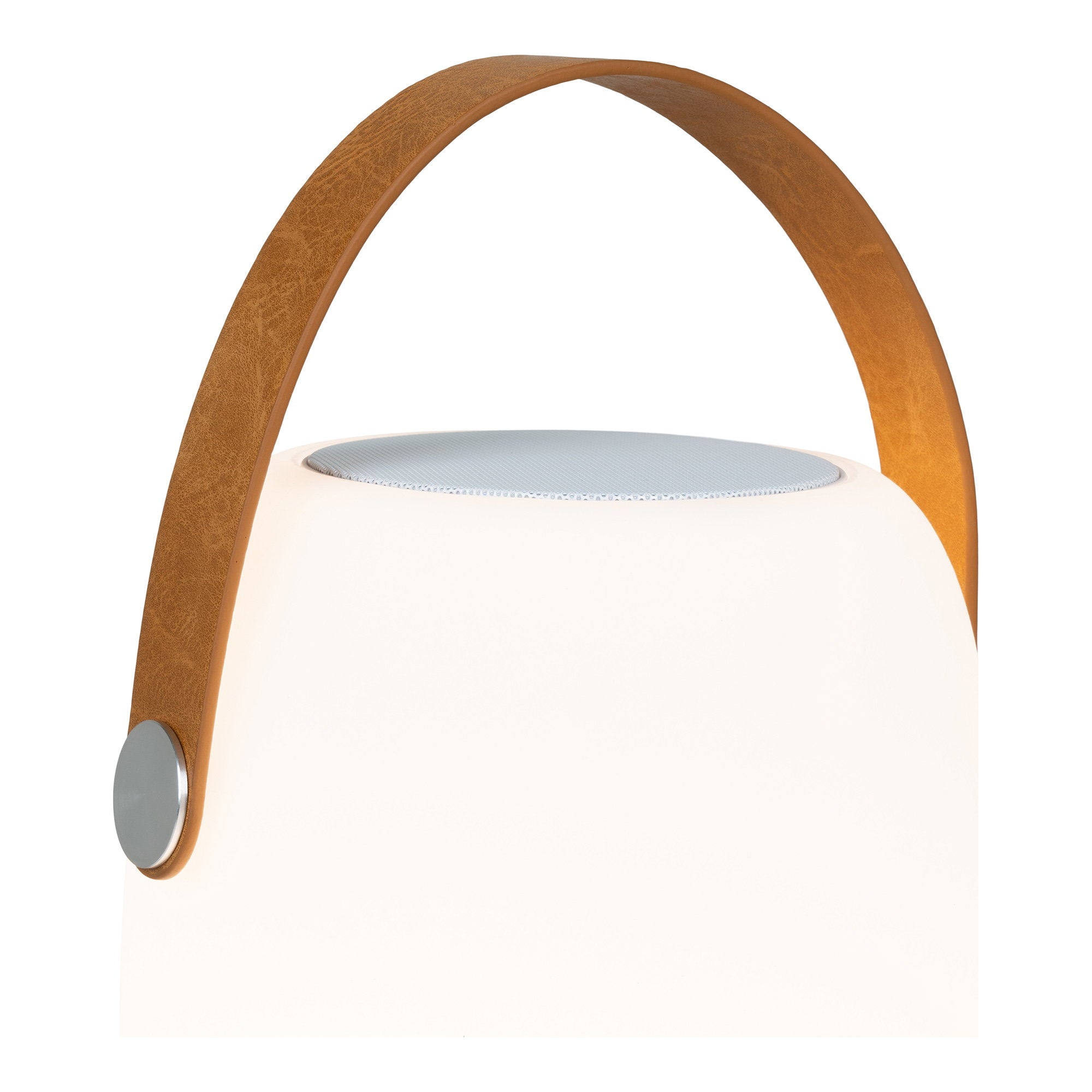 Détail anse simili-cuir camel haut-parleur Bluetooth dessus lampe Cardiff blanche