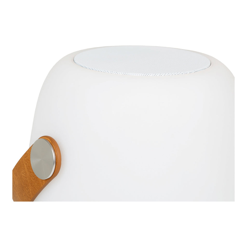 Détail grille haut-parleur Bluetooth lampe Cardiff anse simili-cuir camel chromé