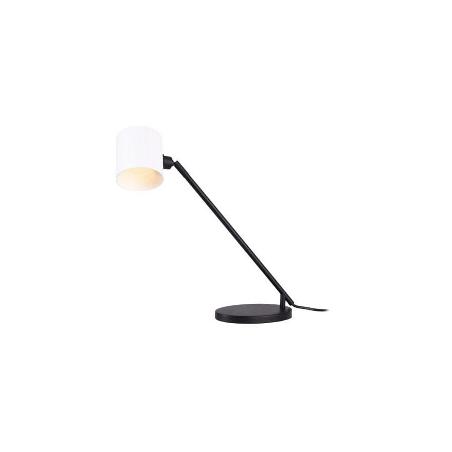 Lampe Laxer allumée avec son abat-jour blanc éclairé de l'intérieur au bout du bras noir