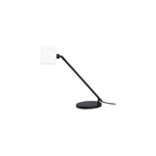 Lampe de bureau Laxer abat-jour cylindrique blanc sur bras noir incliné et base ronde noire