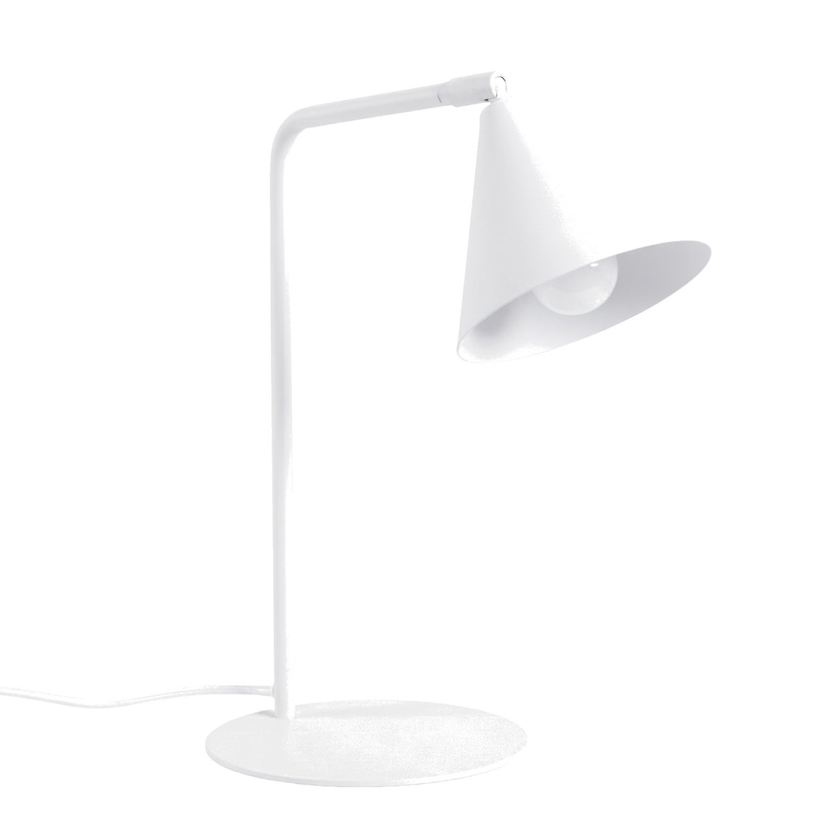 Lampe de bureau Nox laque blanche avec bras à l'équerre et cône orientable sur base ronde