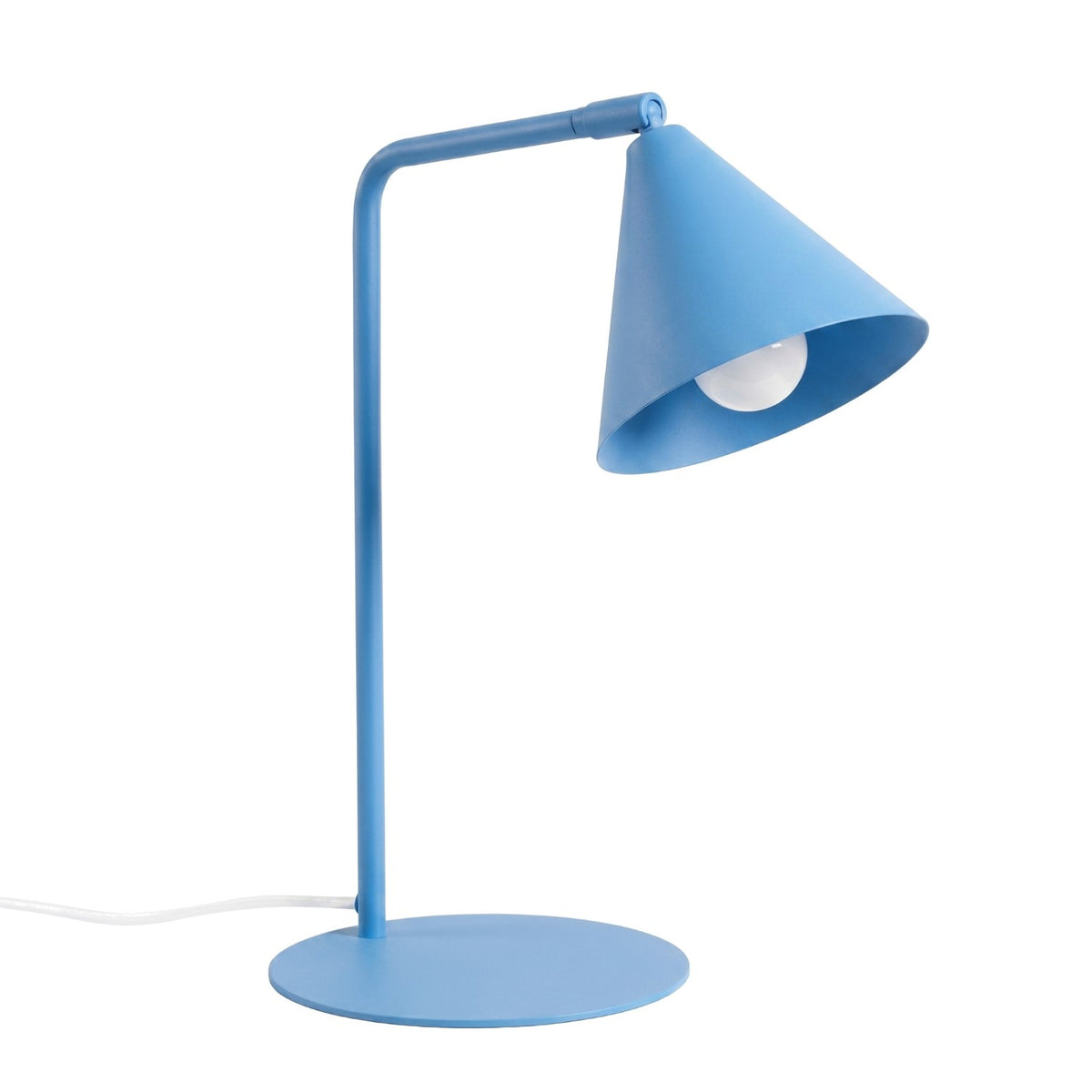 Lampe de bureau Nox laque bleu azur avec bras à l'équerre et cône orientable sur base ronde