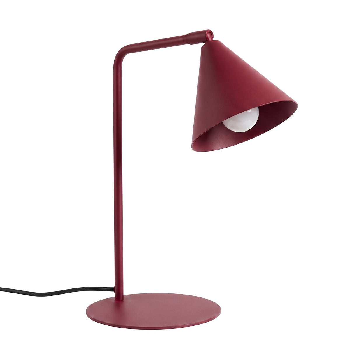 Lampe de bureau Nox laque bordeaux avec bras à l'équerre et cône orientable sur base ronde