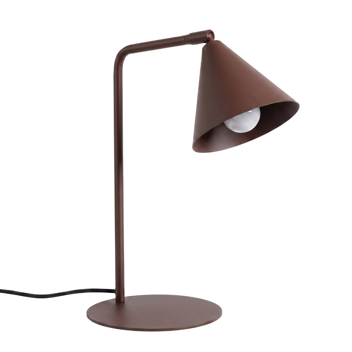 Lampe de bureau Nox laque brune avec bras à l'équerre et cône orientable sur base ronde