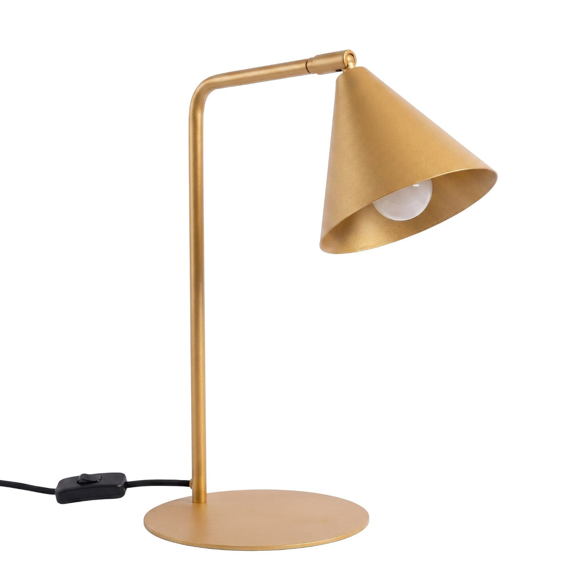 Lampe de bureau Nox laque dorée avec bras à l'équerre et cône orientable sur base ronde