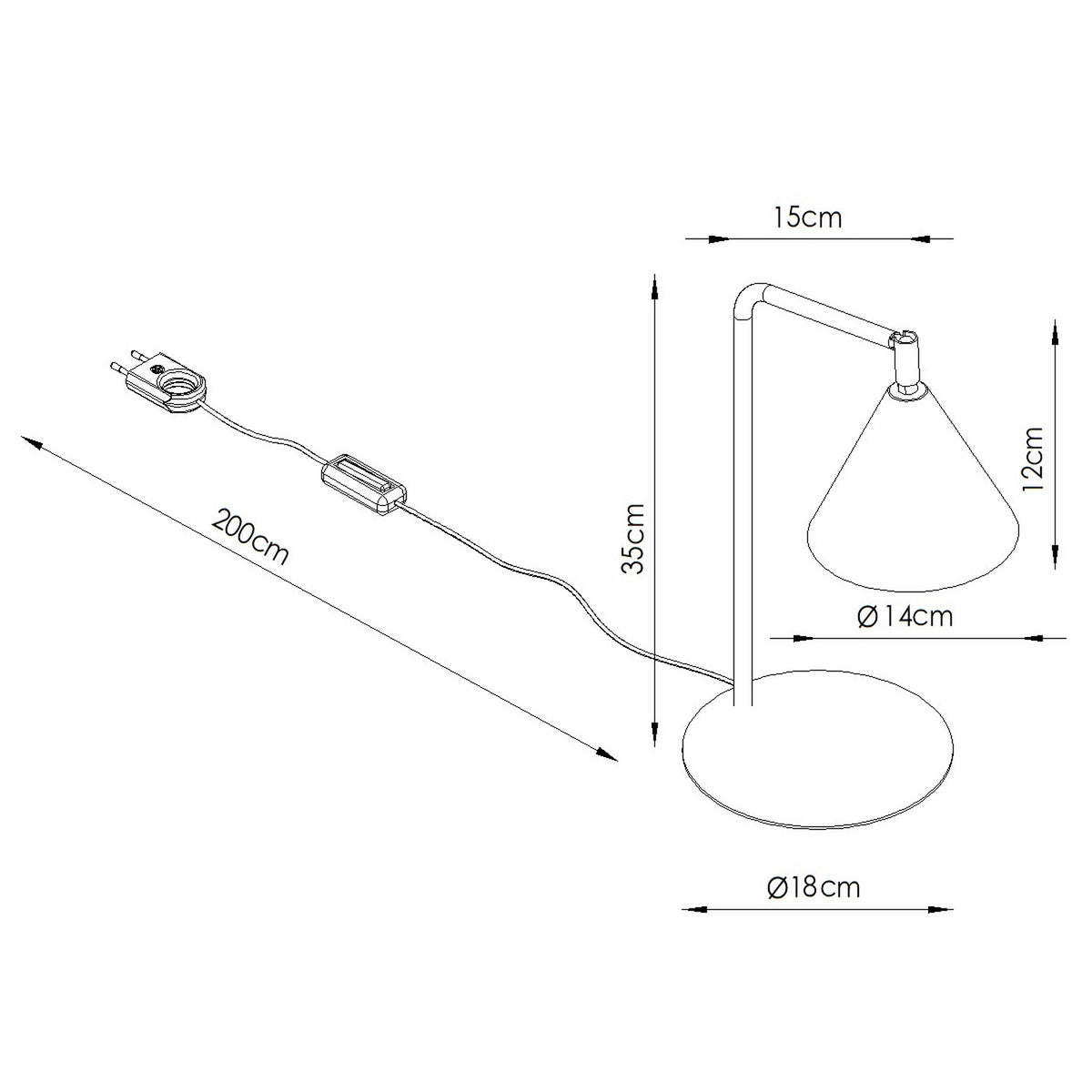 Croquis coté de la lampe de bureau Nox hauteur 35 cm bras 15 cm cône 14 cm de diamètre et 12 cm de haut base 18 cm cordon 200 cm