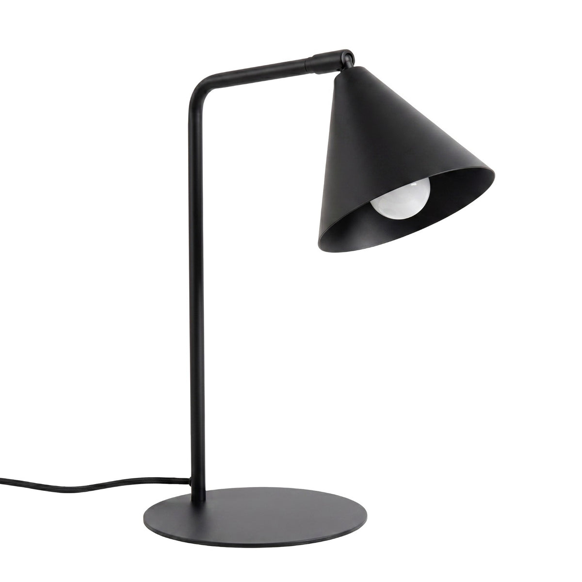 Lampe de bureau Nox laque noire avec bras à l'équerre et cône orientable sur base ronde