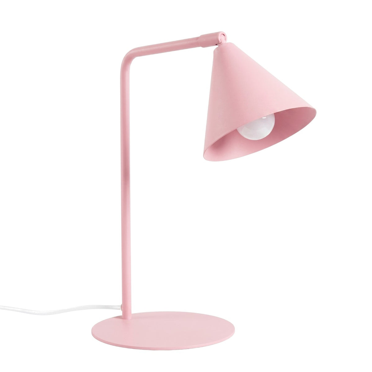 Lampe de bureau Nox laque rose avec bras à l'équerre et cône orientable sur base ronde