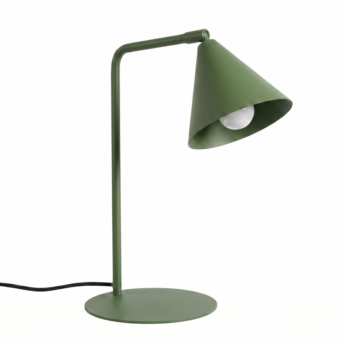 Lampe de bureau Nox laque vert olive avec bras à l'équerre et cône orientable sur base ronde
