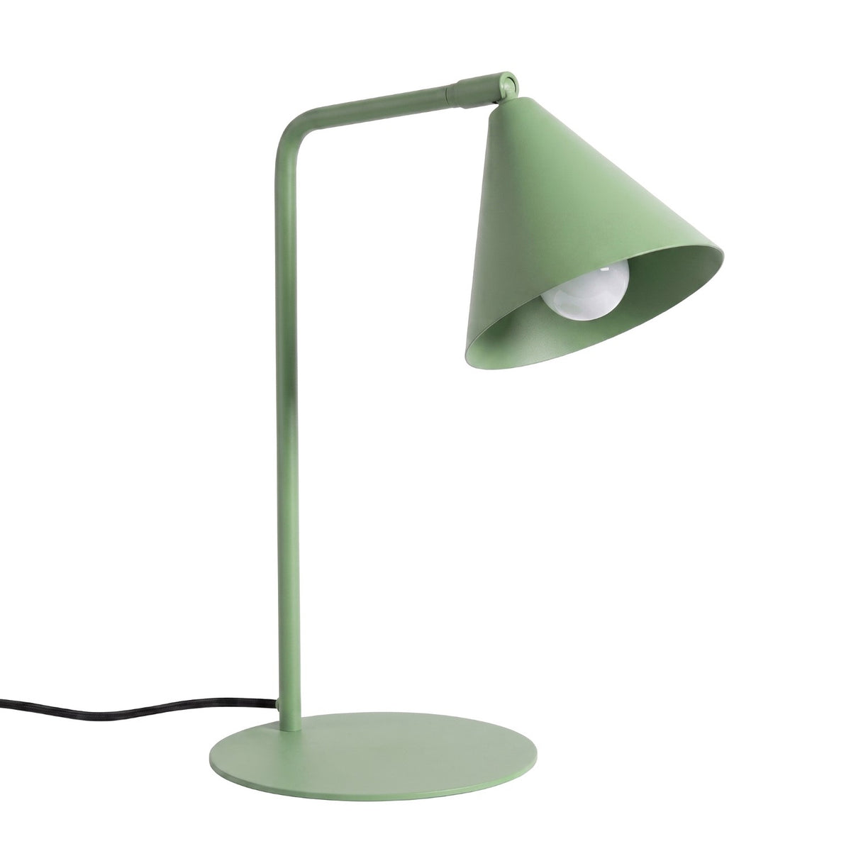 Lampe de bureau Nox laque vert sauge avec bras à l'équerre et cône orientable sur base ronde