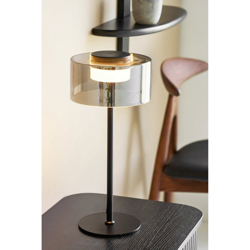 Dimensions Tischleuchte Cholet, Rauchglas-Schirm, schwarzer Fuß