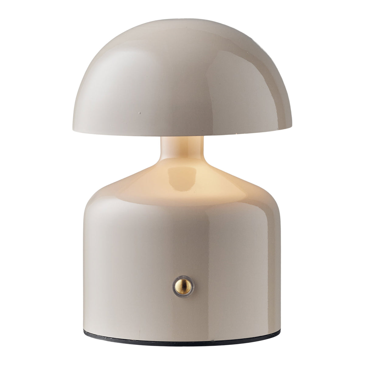Lampe de table Aulla grise allumée avec la lumière qui éclaire le col sous le chapeau