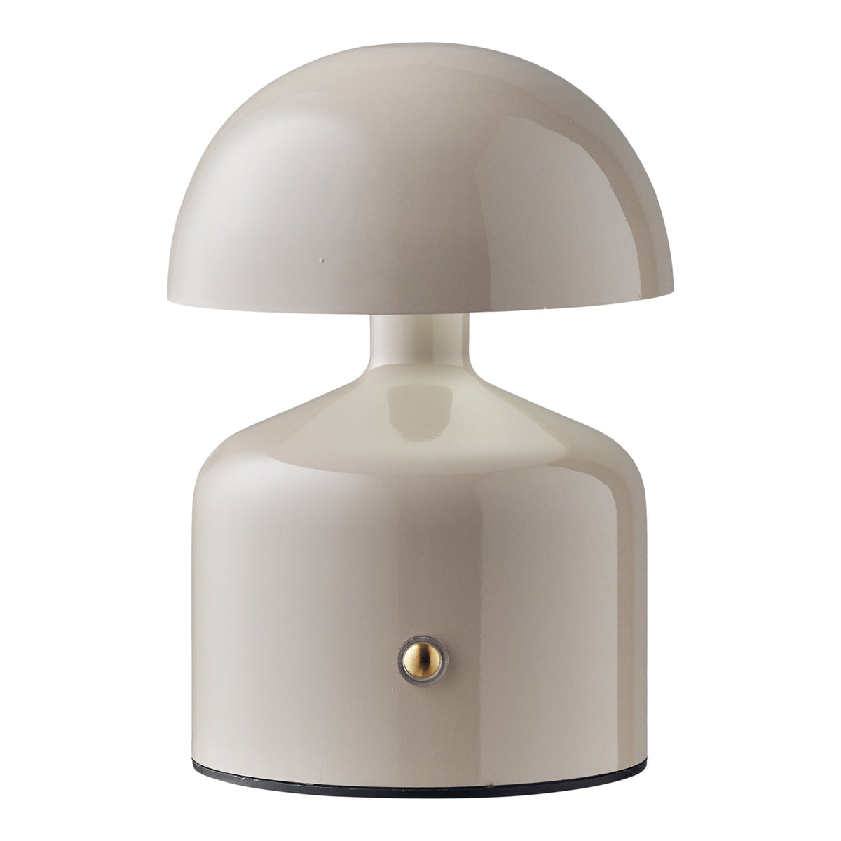 Lampe Aulla en métal gris vue de face avec son bouton doré sur le pied