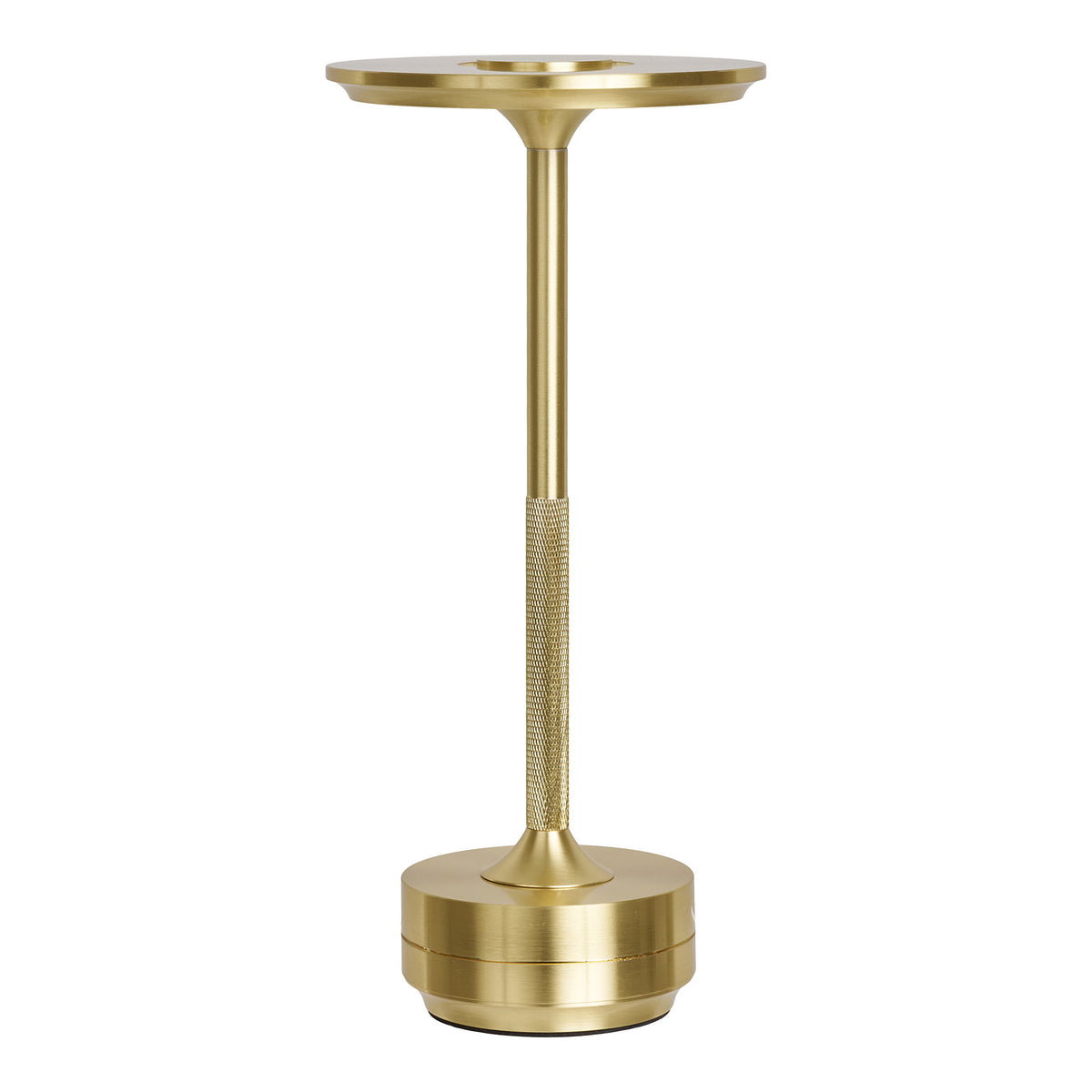 Lampe de table Lyneham aluminium doré brossé plateau rond et fût moleté sur fond blanc