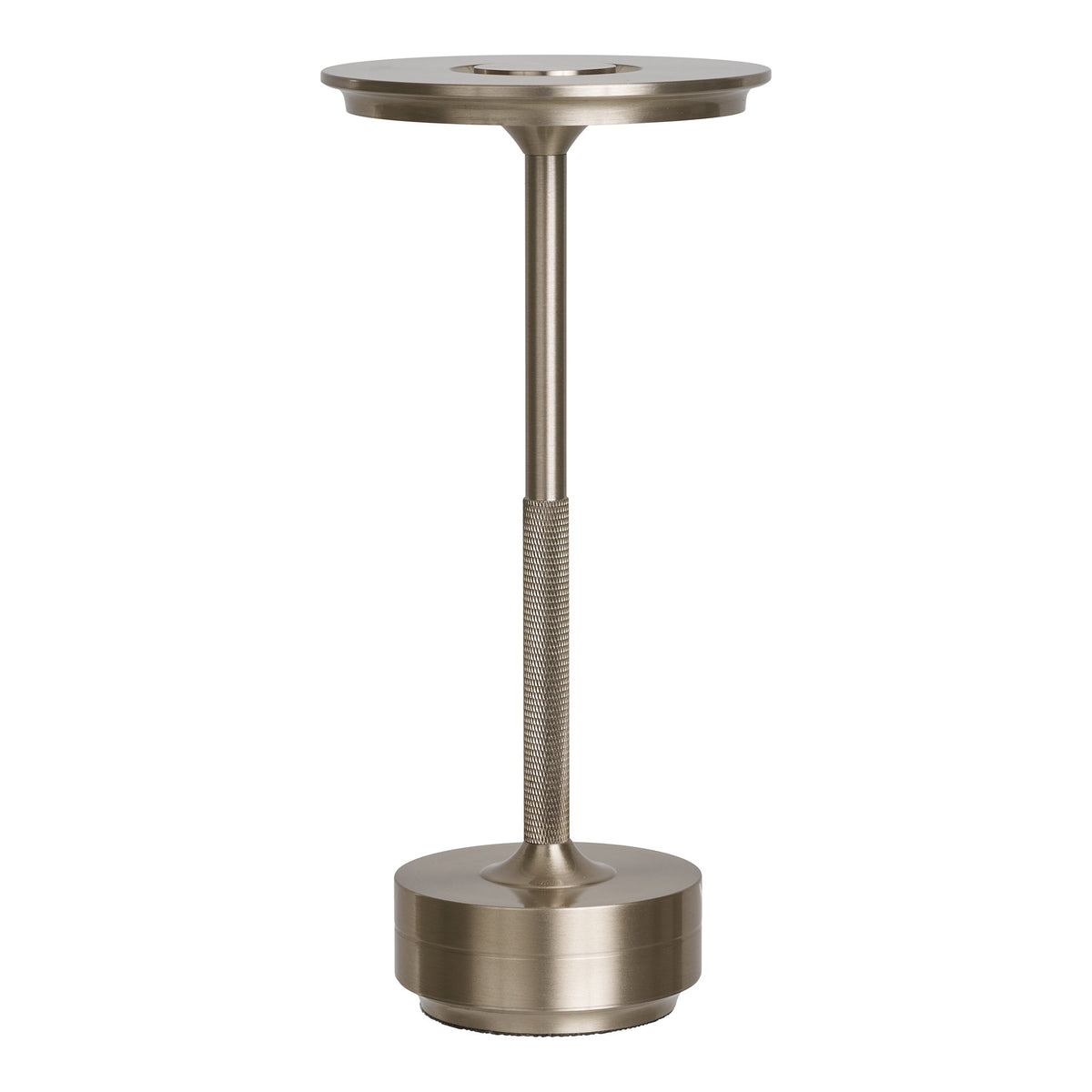 Lampe de table Lyneham argent champagne plateau rond et fût moleté sur fond blanc