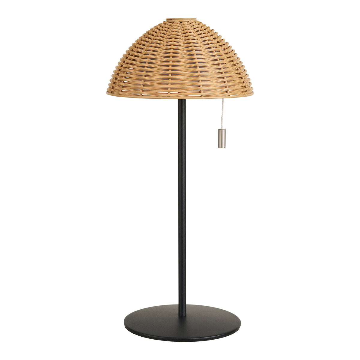 Lampe de table rechargeable Wigan dôme en résine tressée naturelle pied et socle en métal noir sur fond blanc