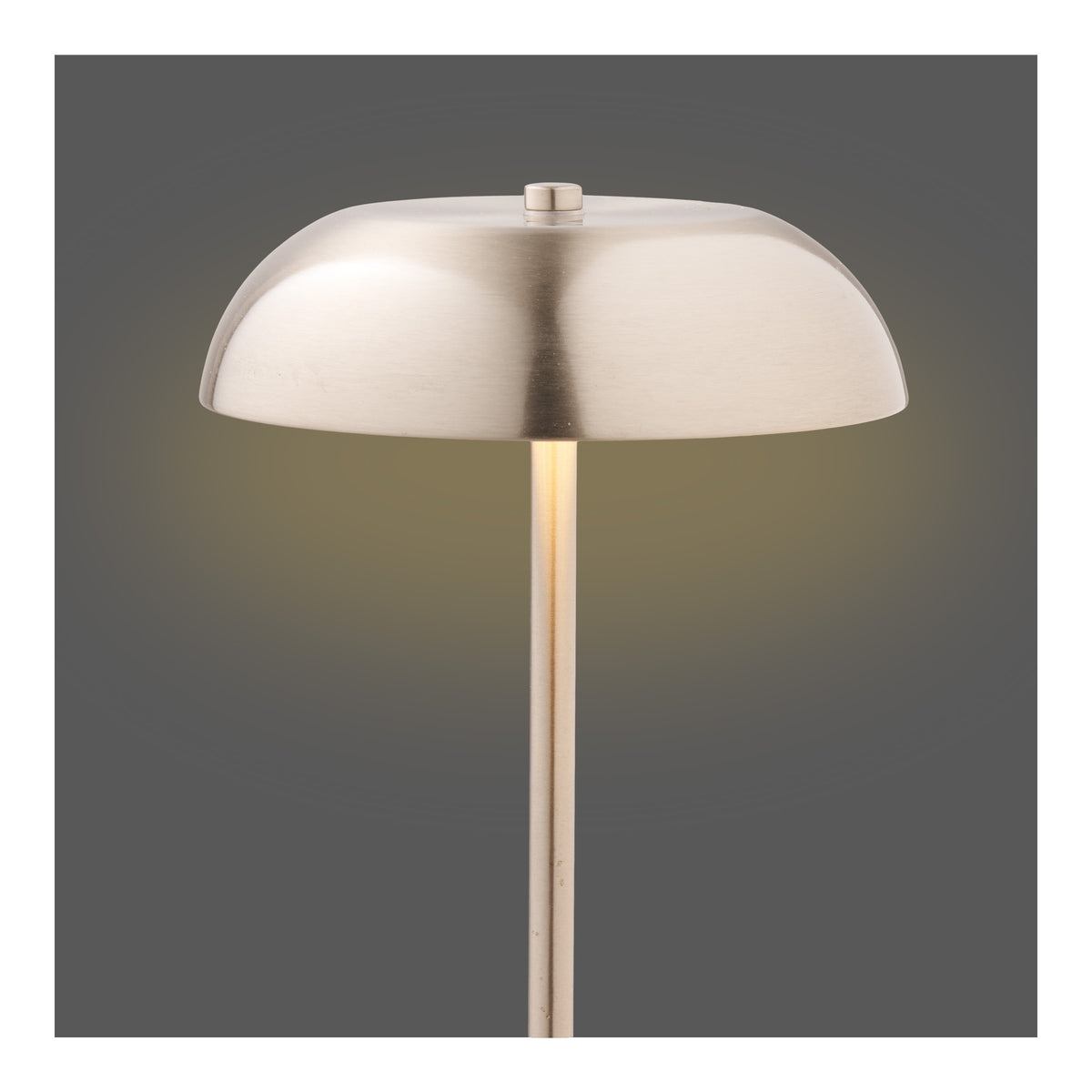 Lampe Fenwick allumée en lumière chaude sous son dôme en métal brossé sur fond gris