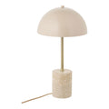 Lampe de table Sheffield socle cylindrique en travertin tige dorée et abat-jour dôme beige mat