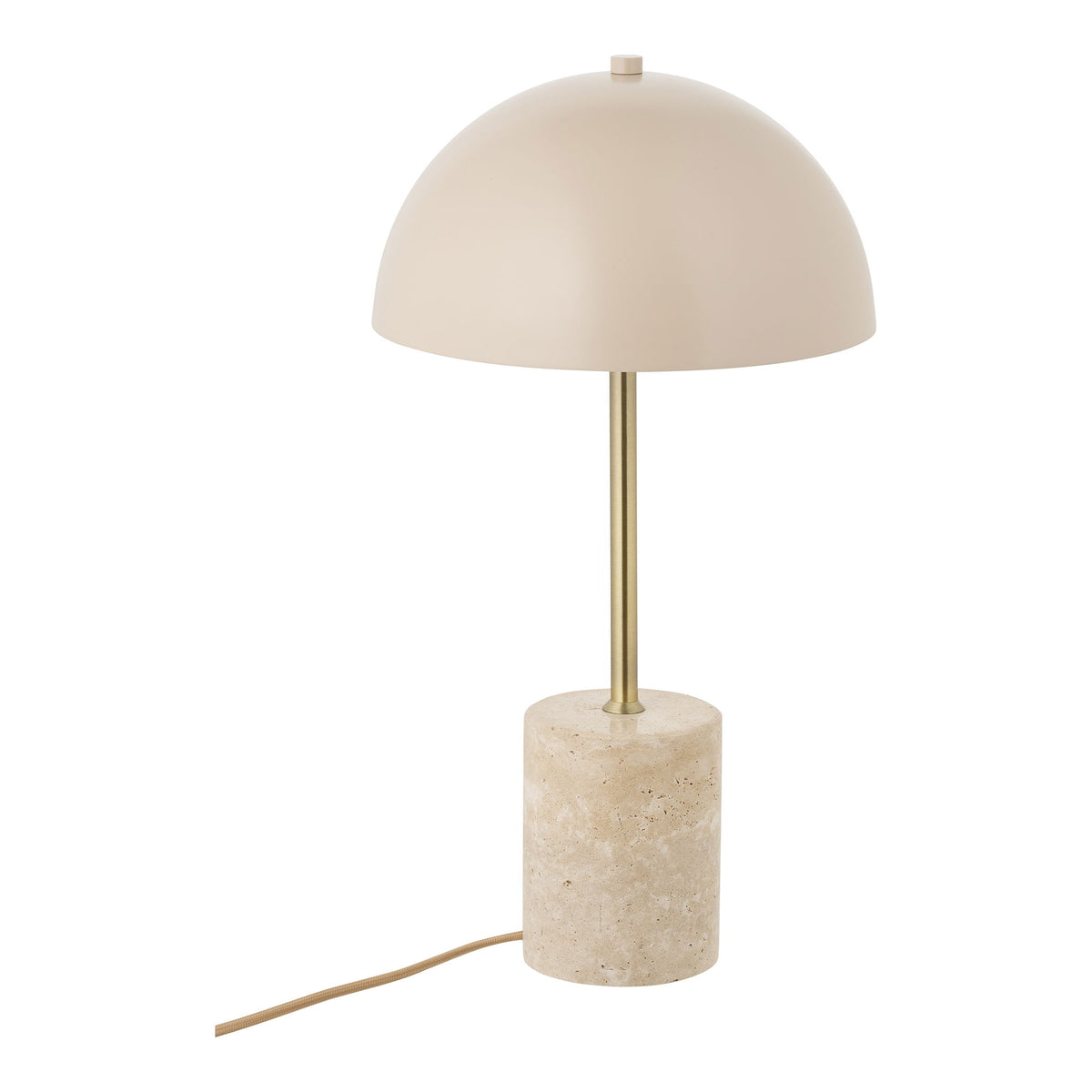 Lampe de table Sheffield socle cylindrique en travertin tige dorée et abat-jour dôme beige mat