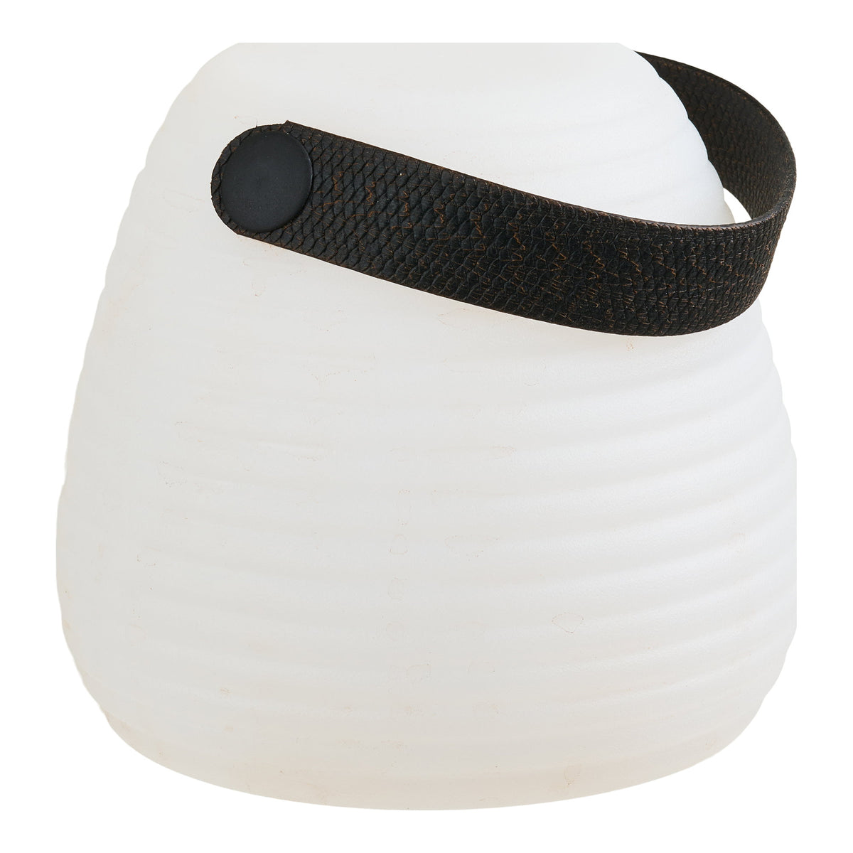 Lampe lanterne portable Derry LED blanc givré avec anse simili cuir texturé noir vue de côté