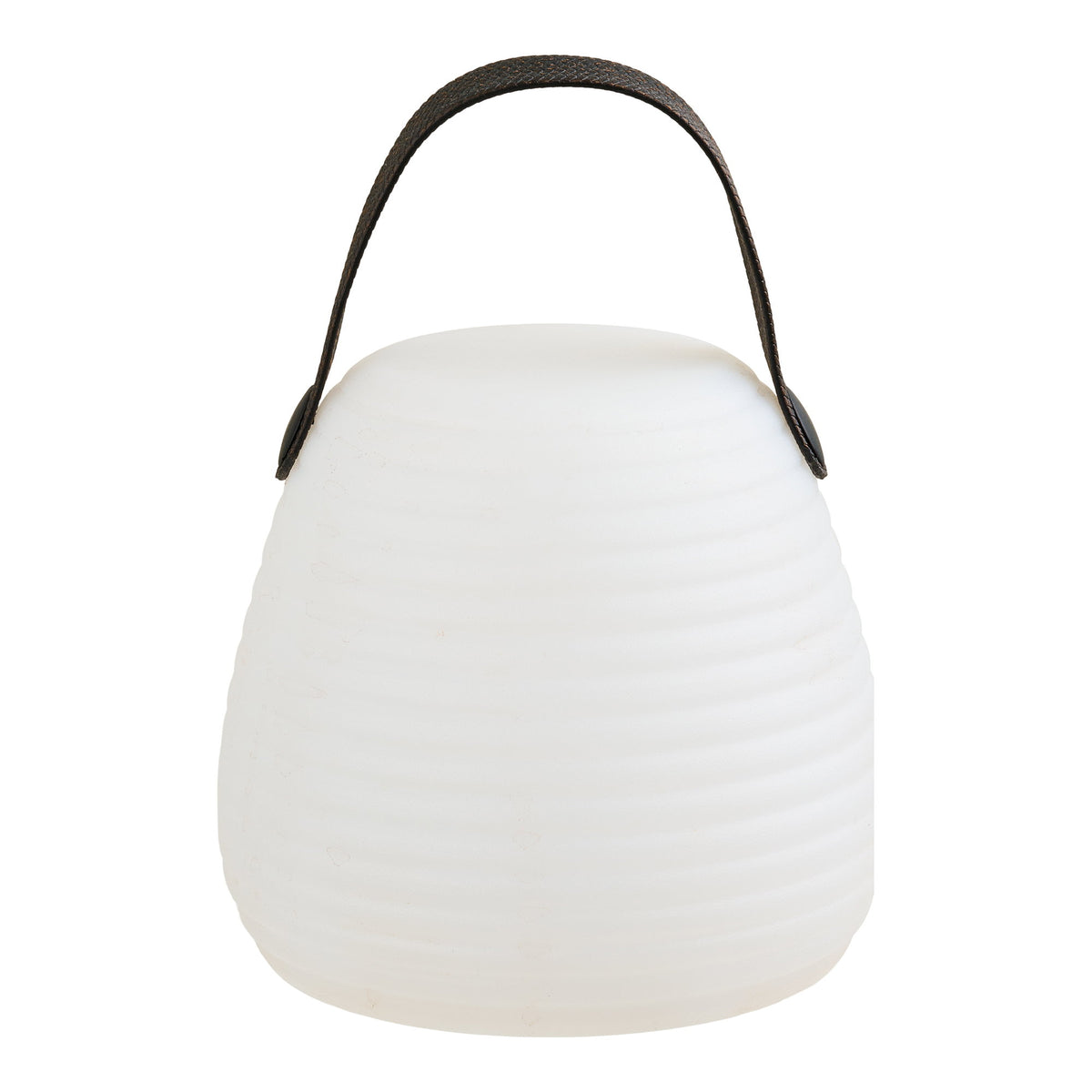 Lampe lanterne Derry blanche sans fil avec anse simili cuir vue de face sur fond blanc