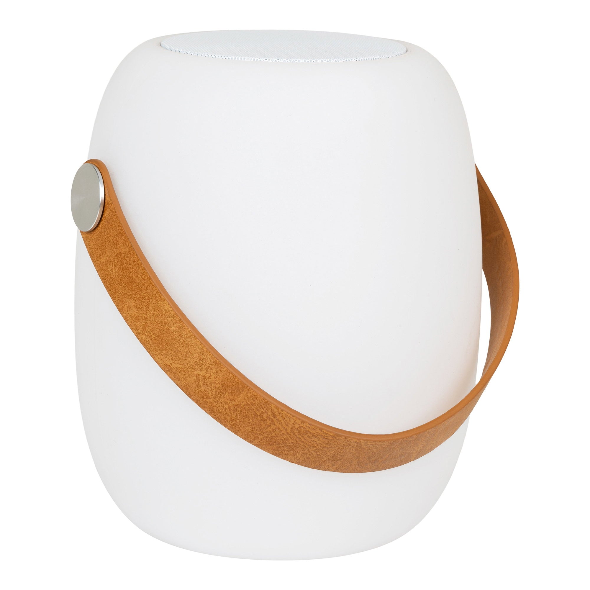 Lampe LED rechargeable Cardiff blanche enceinte Bluetooth anse simili-cuir camel fond blanc