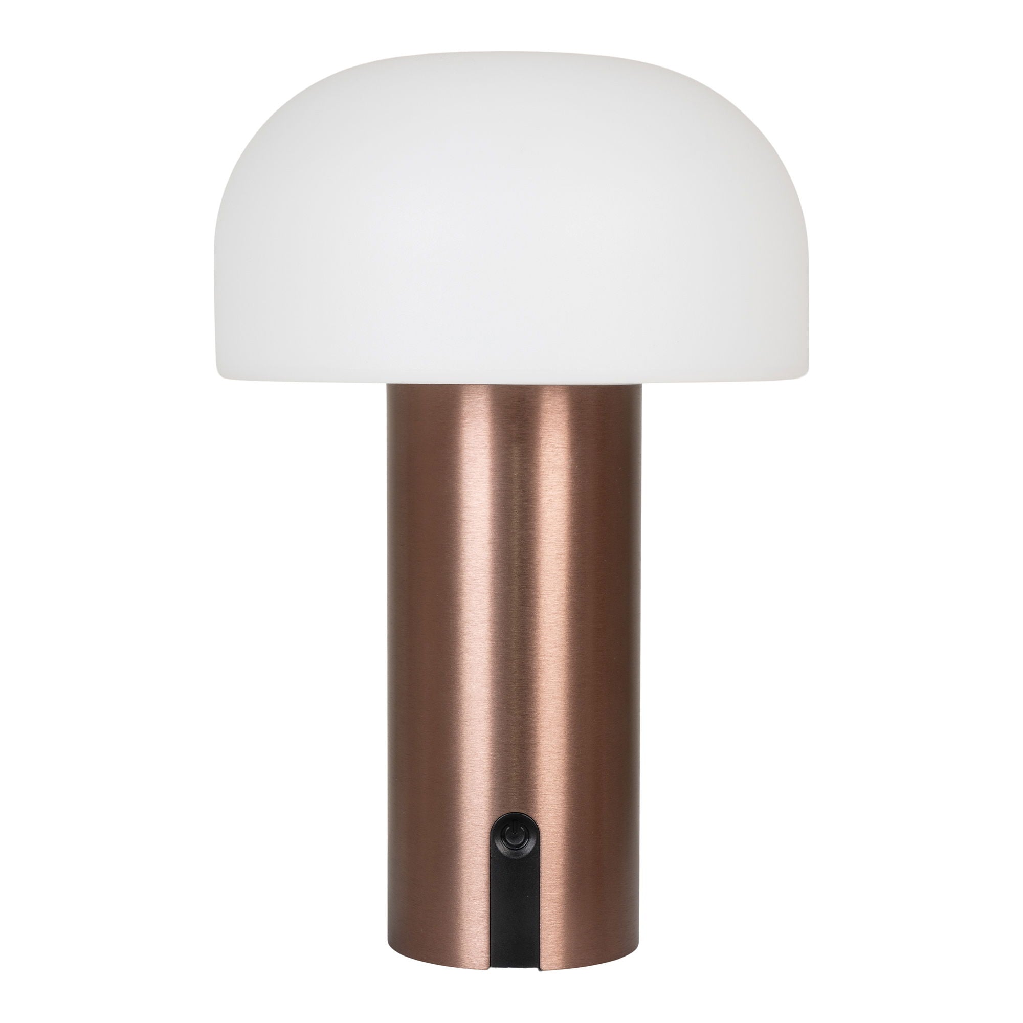 Lampe LED rechargeable Soham corps cuivre brossé dôme champignon opalin blanc fond blanc