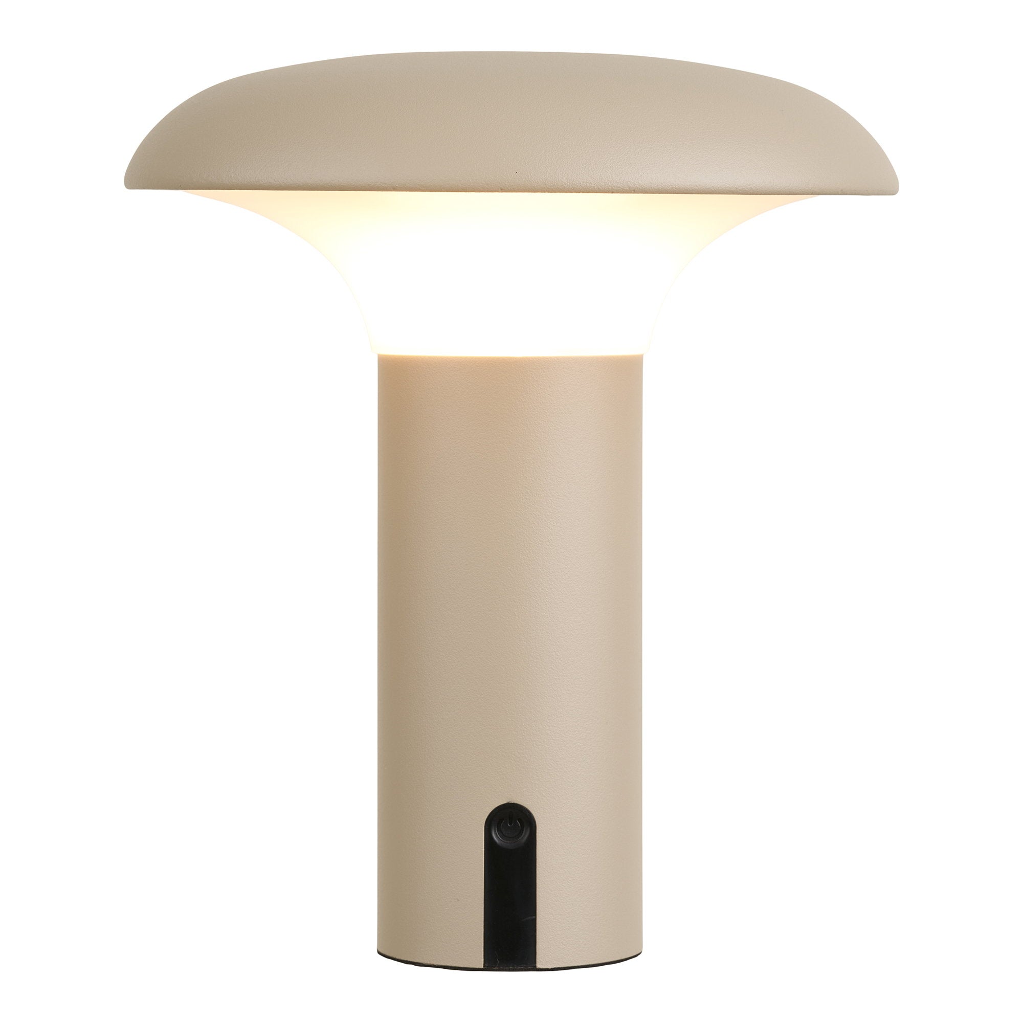 Lampe portable Ramsey LED beige allumée lumière blanche chaude, vue de face