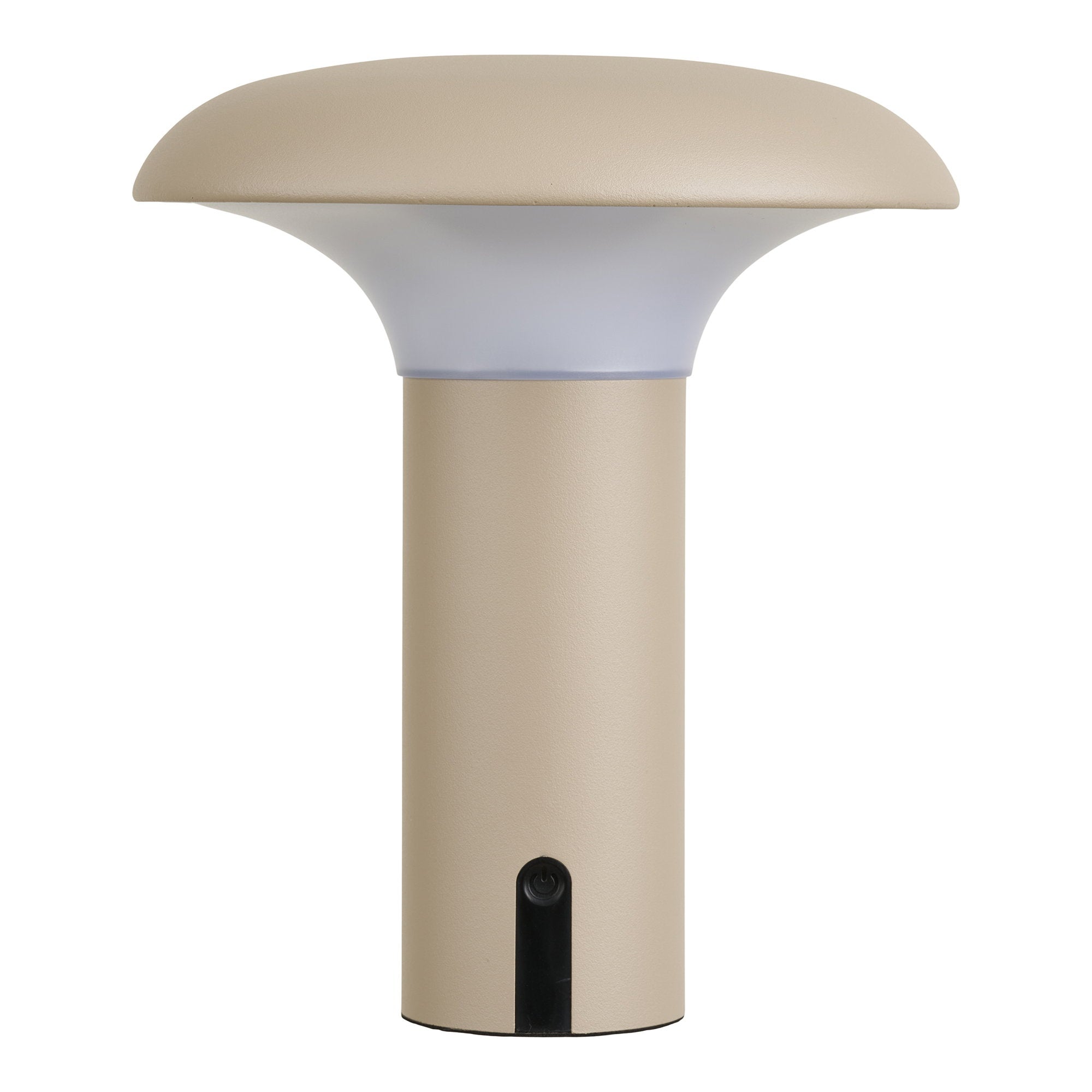 Lampe portable Ramsey LED beige sable forme champignon, vue de face éteinte